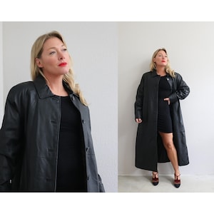 Trench en cuir noir mat des années 2000 ~ Taille moyenne à grande MD LG pour femme ~ Veste en cuir longue ~ Longueur totale ~ Manteau long Rancher ~ Matrix