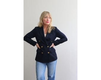 1990's Vintage Double Breasted Navy Wool Blazer by Talbots // Women's Size Extra Small to Small // Slim Fit // Military // Fit and Flare