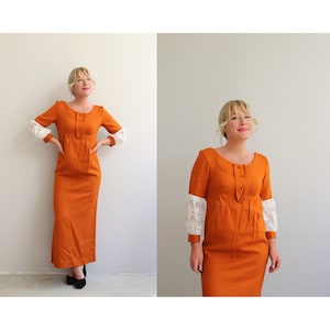 1960&#39;s Deadstock, Vintage Madison Renaissance Revival Pumpkin Dress // Women&#39;s Extra Small to Small // 60&#39;s Long Festival Dress // 1970&#39;s