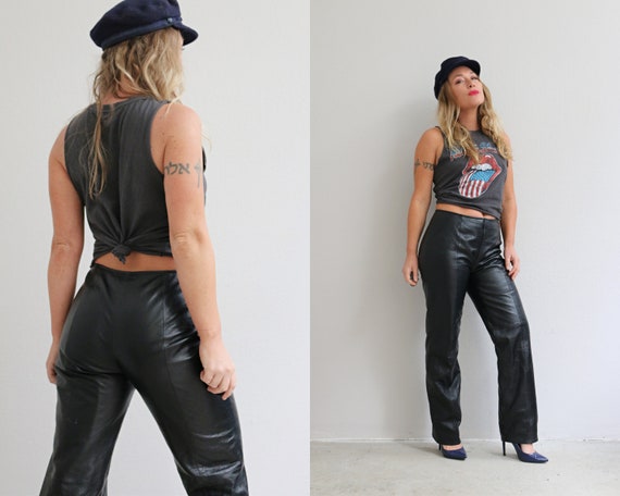 1990's Low Rise Black Leather Pants // Size Extra Small to Small // 30 Waist  // Straight Leg // Evening // Cocktail // Y2K // 2000's 