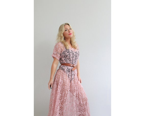 1980's Mauve & Lace Sheer Dress by Dona Jeans // … - image 1