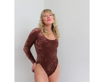 Body de manga larga de terciopelo aplastado color chocolate estilo vintage de los años 90 ~ Tallas para mujer: XXS XS ~ Doble extra pequeña a extra pequeña ~ Estilo gótico suave ~ Grunge