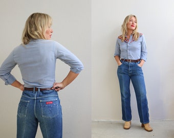 1970's Vintage (MD to LG) Braxton Swirl Embroidered Jeans // Women's Medium to Large // 31" to 32" Waist  // Worn-in Denim // Stretch // 70s