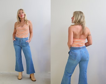 1970's Vintage MD Cimone Baket Weave Bell Bottom Jeans // Women's Size Small ~ Medium // 31" Waist // 26" Short Inseam // 70's Petite Flare