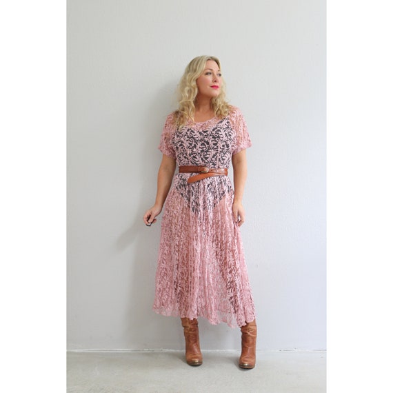 1980's Mauve & Lace Sheer Dress by Dona Jeans // … - image 5