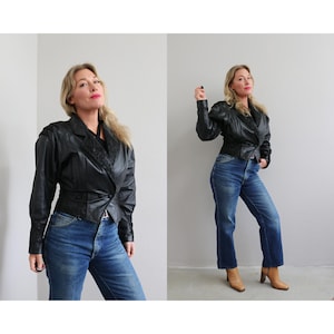 1980&#39;s Vintage Wilsons Puff Sleeve Leather Jacket ~ Women&#39;s Extra Small to Small XS SM ~ 80&#39;s Rocker ~ Cropped ~ Fit and Flare Coat ~ Floral