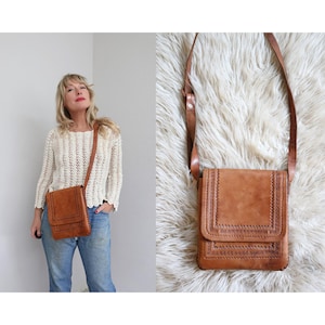 1990's Vintage Cognac Leather Tooled Shoulder Cross Body Purse ~ Natural Earthy Vibes ~ Long Adjustable Strap ~ Slim 70's Messenger Bag