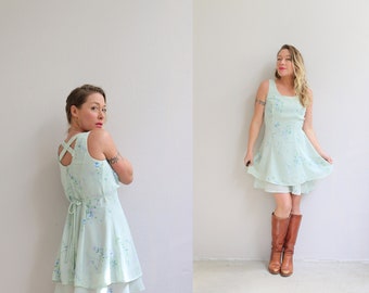 1990's Minty Floral Skater Dress // Women's Size Extra Small to Small // Mini Dress // All That Jazz // 90's // Floral Chiffon // Day Dress
