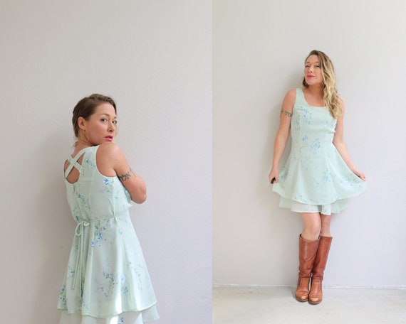 1990's Minty Floral Skater Dress // Women's Size … - image 1