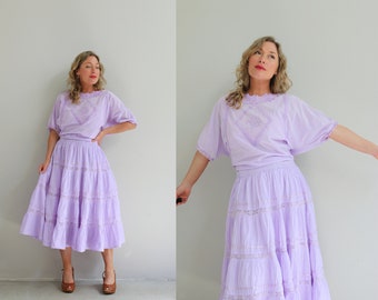 1980's Lilac Prairie Skirt Set // Women's Extra Small to Small // Mid Length // Sundress // Pleated Blouse // Slouch Top // Summer Vintage