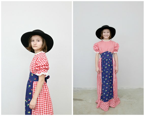 1970's Gingham and Floral Prairie Dress // Girl's