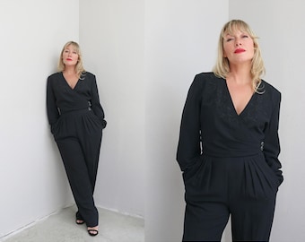 1990's Vintage High Waist Trousers & Cropped Blouse Set ~ Women's SM MD ~ Small to Medium ~ 90's Tailored Work Suit ~ Statement Blazer
