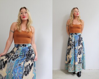 1980's Vintage Rialto Abstract Waves Rayon Skirt // Women's Size Small to Medium // 27" to 30" Waist // Broomstick Skirt // Long Full Sweep