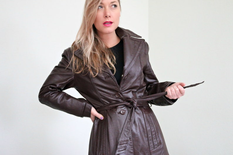 1970s Burgundy Leather Trench Coat Size Extra Small to Small