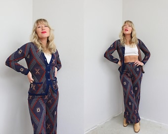 1970's Vintage Pantana Autumn Knit Cardigan and Bell Bottom Pants Set ~ Women's XXS XS ~ Double Extra Small ~ 70's Flare Cuffed Trousers