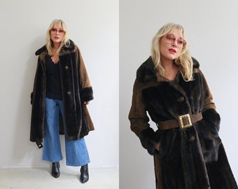 1970's Vintage Mincara Suede & Faux Fur Princess Coat // Women's Small to Medium // Long Penny Lane Coat // Belted // 70's // Russel Taylor