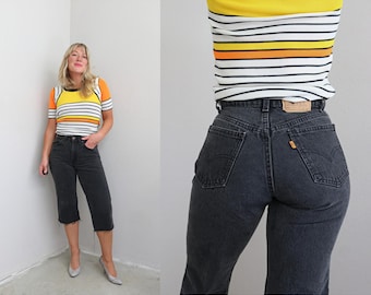 1990's Vintage Levi's Black Cropped Capri Jeans ~ Women's XXS XS ~ Waist 25" 26" ~ Double Extra Small to Extra Small ~ Raw Edge Cut Hem