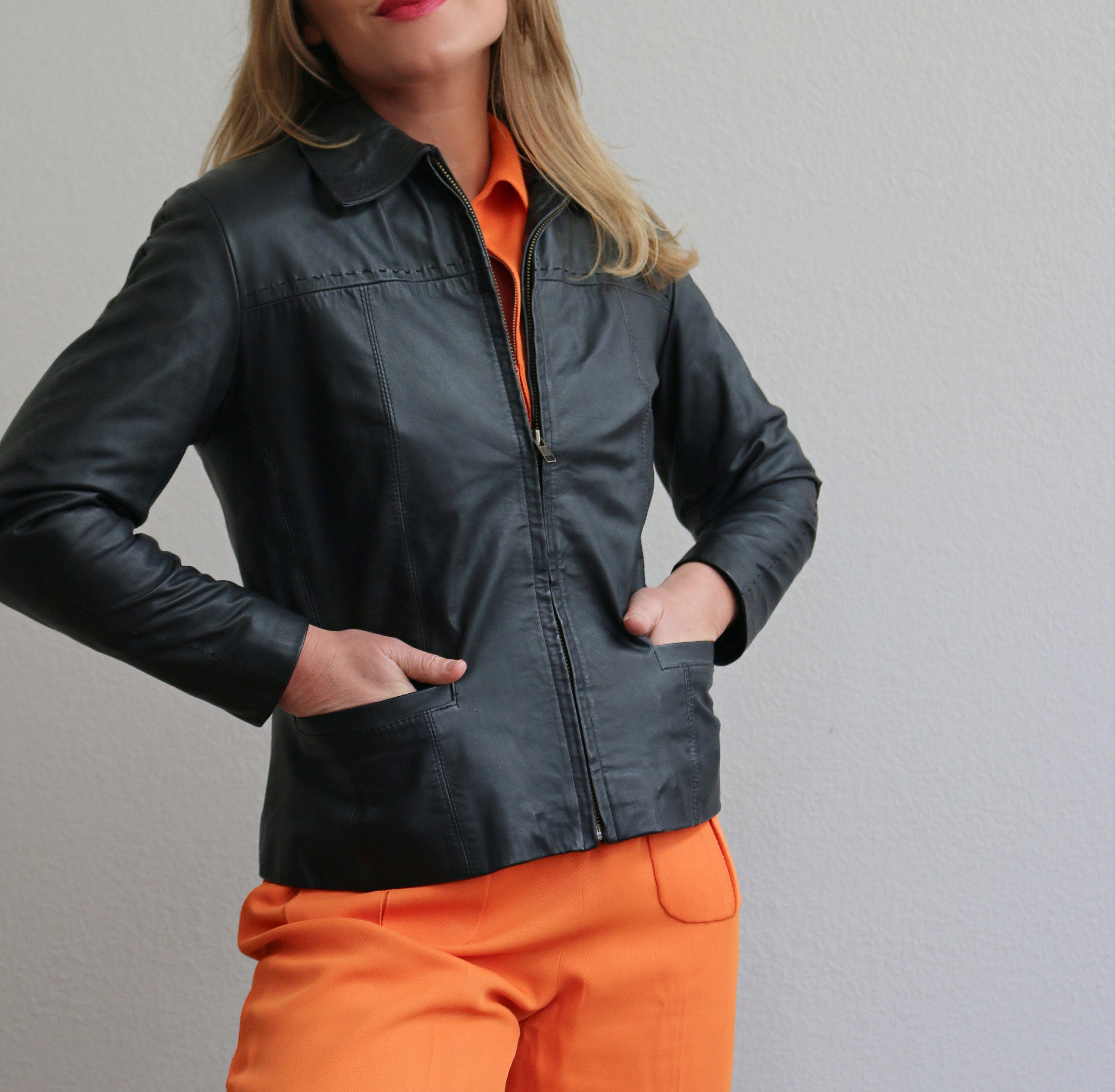 満点の // Jacket Leather Stitch Black 1970's Women's Double Size ジャケット・アウター