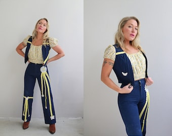 1970's Vintage Butterfly Petit Fors Jeans & Denim Vest Set // Women's Double Extra Small to Extra Small // 25" Waist // 70's Hippy Flares