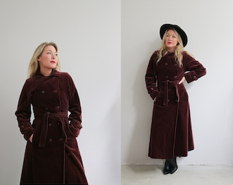 Vintage 1970's Burgundy Bullock's Velvet Trench Coat // Women's Size Extra Small to Small // 70's Belted // Full Length // Double Breasted