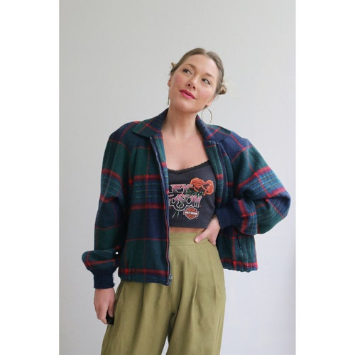 1980's shops Pendleton Plaid Bomber Jacket // Women's Size Large to Extra Large // Winter Coat // Short // Virgin Wool // Portland, Oregon // 80's