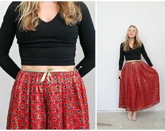 Deadstock, 1990's Crimson Silk Shimmer Skirt /// Size Small  // 27" Waist // Voluminous Skirt // Midi // Mid Length // New With Tags