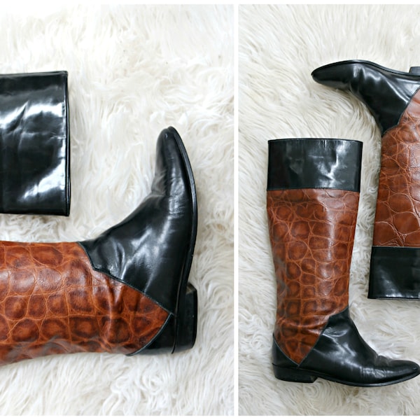 1980's Vaneli Riding Boots // Women's Size 5-1/2 (5.5) to 6 // Flats  // Gloss Leather // Genuine Leather // Knee High Boots // Tall Boots