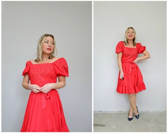 1970's Cherry Red Twirling Dress // Women's Size Extra Small to Small // Ruffled Dress // Party Dress // Off the Shoulder