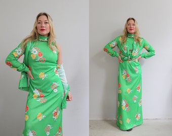 1970's Hawaiian Floral Maxi Dress & Blouse // Women's Size Small to Medium // Long Day Dress // Hippy Girl // Summer Wedding Guest // 70's