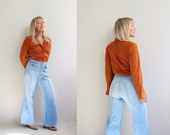 1970's Vintage Viceroy Curved Stitch Bell Bottom Jeans // Women's Size Medium to Large // 31" to 32" Waist // 30" Inseam // 70's Baggy Wide