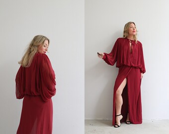 1980's Wayne Clark Cranberry Chiffon Gown // Women's Size Extra Small to Small // Formal Event // Gala Dress // High End // 80's Designer