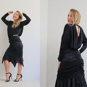 1970&#39;s Vampy Ruched Evening Dress // Women&#39;s Size Small to Medium // Witchy Style // Avant Garde Fashion // Susan Roselli for Vijack
