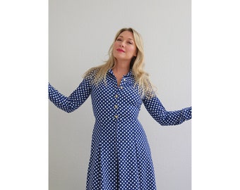 1960's Retro Navy & Polka Dot Dress // Women's Size Extra Small // 25" Waist // Day Dress // Mid Length // Midi Dress // Sears // Vintage