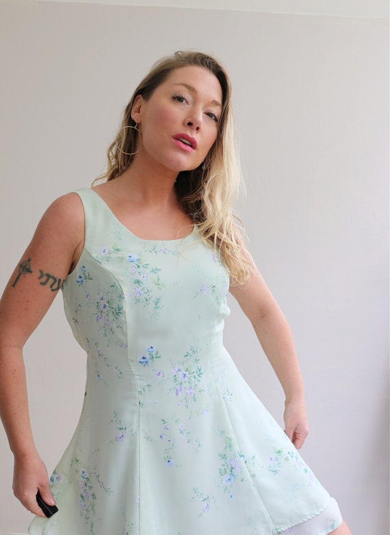 1990's Minty Floral Skater Dress // Women's Size … - image 10