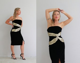 1980's A.J. Bari Velvet Cocktail Dress /// Women's Size Double Extra Small to Extra Small // Gold Lame // Gala // Formal Gown // Strapless