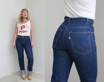 Early 1970's Vintage Levi's Dark Wash Boot Cut Jeans ~ Women's XXS XS 25" to 26" Waist ~ Scoville Zipper ~ Cuffed Vintage Denim ~ White Tag