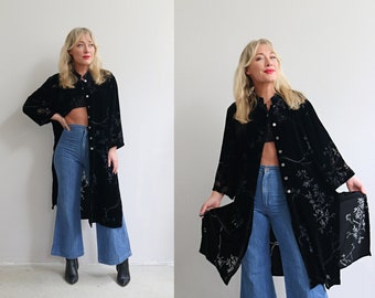 1990's Vintage Silk Velvet Burnout Kimono Style Jacket // Women's Size Extra Small to Small  // Chico's Design // Long Lightweight Duster