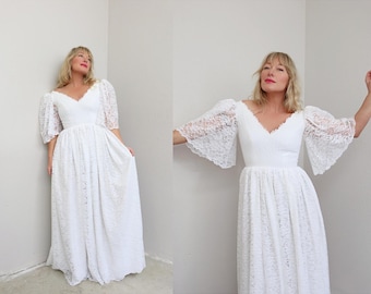 Vestido de novia vintage de encaje estilo campestre de los años 70 ~ Tallas XS a S ~ Vestido de novia largo ~ Estilo campestre ~ Vaquera informal