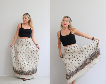 1990's Linen Blend Crinkle Broomstick Skirt // Women's Size Small to Medium // 27" to 31" Waist // Bohemian // Sharon Young // Full Sweep