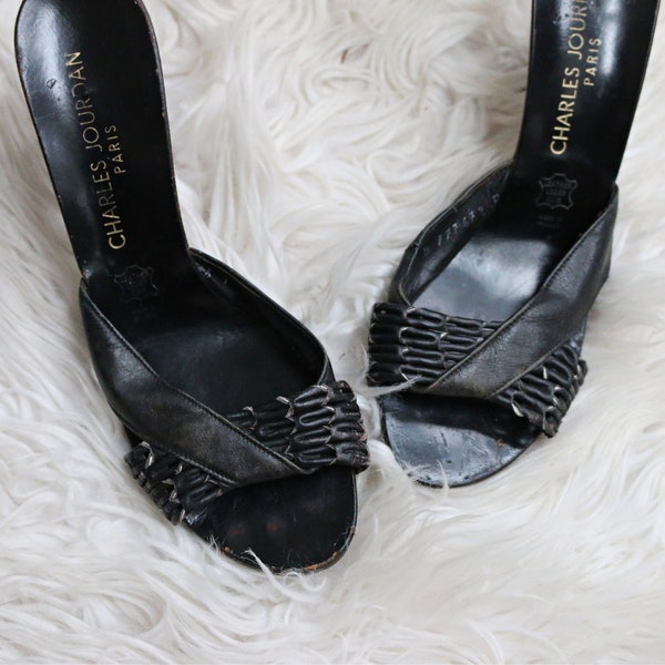1970's Charles Jourdan Leather Sandals // Women's Size 5-1/2 to 6 // Paris // Parisian Designer // High Heels // Leather Stilettos Slides