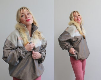 1990's Vintage Wild Child Southwestern Wind Breaker Jacket // Women's Large to Double Extra Large // XXL // Plus Sized Coat // Fur Trimmed