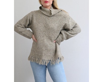 1990's Basket Weave Oatmeal Turtleneck Sweater // Women's Size Medium to Large // Outdoors // Fringe // Natural Style // High Neckline