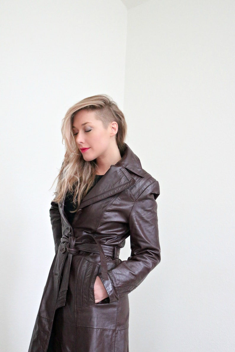 1970s Burgundy Leather Trench Coat Size Extra Small to Small
