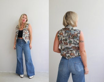 1990's Longhorn Tapestry Old West Vest // Women's Size Medium to Large // Western Style // Cowboy Sleeveless Top // Horse and Mountain Print