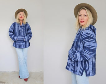 1990's Summer Blues Baja Hoodie // Women's Size Small to Large  // Mid Length // Woven Mexican Jacket // Hooded Sweatshirt // Beach Style