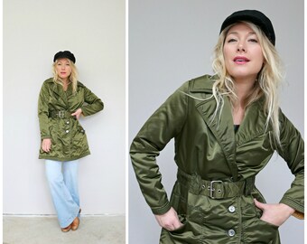 1960's Olive Shimmer Belted Coat  // Women's Size Extra Small to Small // Size 2 4 6 // Military Jacket // Belted Mid LengthCoat