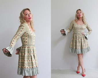 1960's Vintage Carmen Brocade Folk Dress // Women's Size Extra Small to Small // Coquette Fashion // Floral and Silk // 60's Tapestry Dream