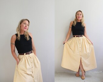 1980's Vintage Banana Republic Cotton Stripe Skirt // Women's Size Medium // 29" Waist // Summer // Full Length // 80's Nautical Maxi Skirt