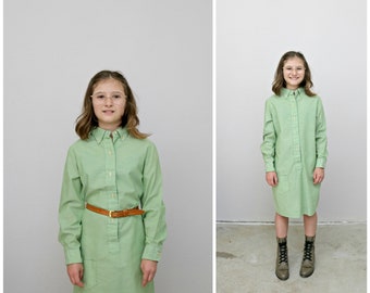 1960's Sage Shirt Dress //  Girl's Size 8 to 10 // Girls Size Medium // Day Dress // Simple Dress // Button Front Dress