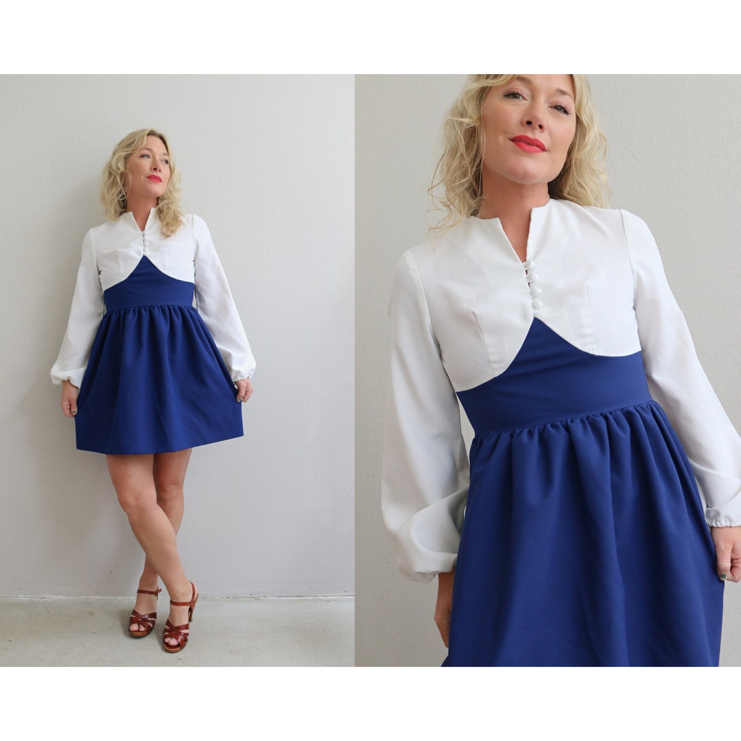 Mini vestido vintage de poliéster azul marino de los años 70